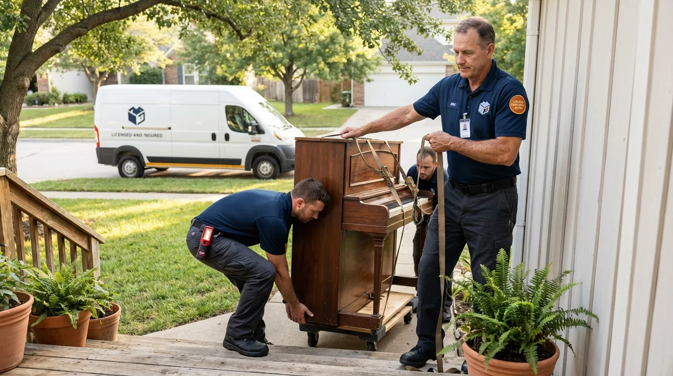 Licensed piano movers securing grand piano in Pottsville, PA