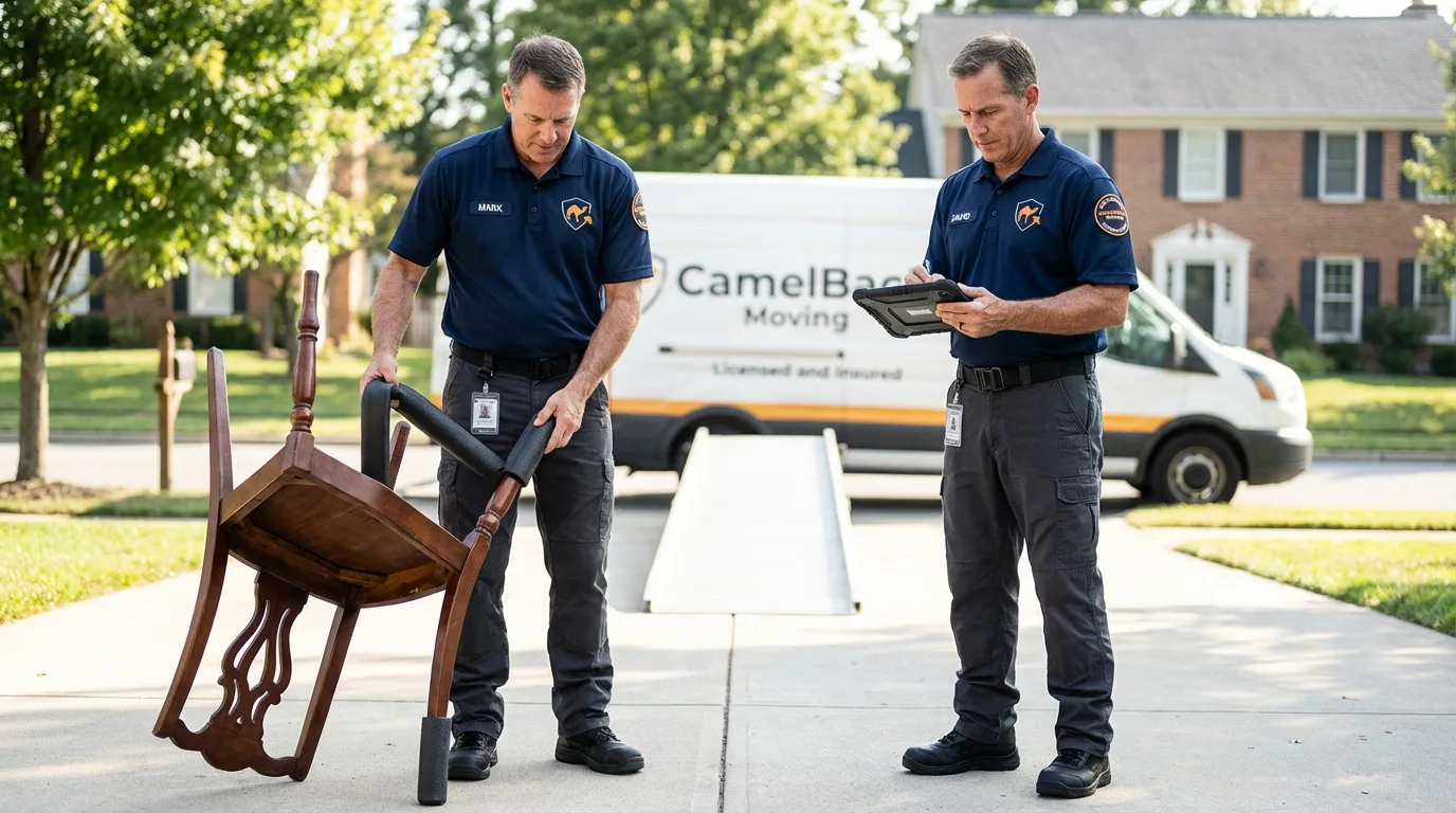 Movers inspecting furniture for damage prevention before loading in Pottsville, PA