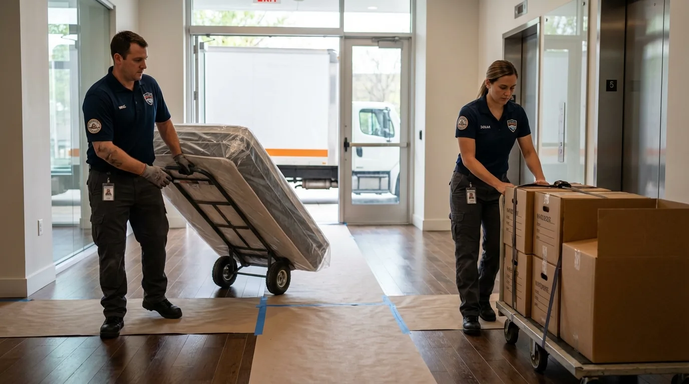 Professional apartment movers loading elevator in Pottsville, PA