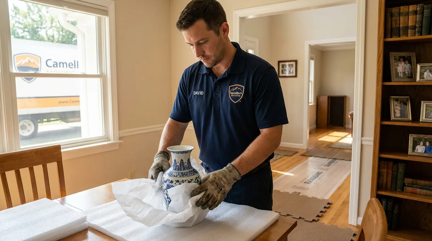 Professional crew carefully wrapping antique vase for senior downsizing move in Pottsville, PA
